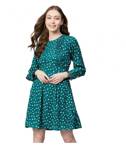 Women's Polyester Polka Long Sleeves Above Knee Dress (Green - White)