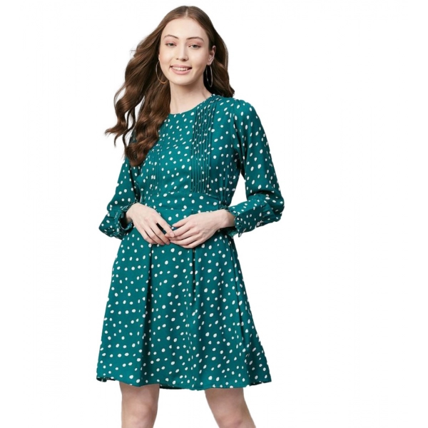 Dropship Women's Polyester Polka Long Sleeves Above Knee Dress (Green - White)
