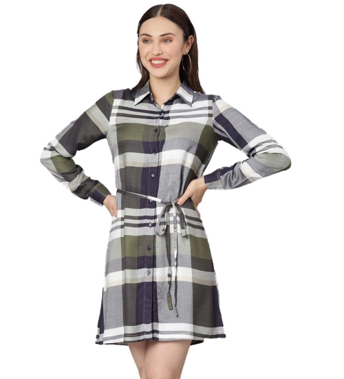 Women's Cotton Checkered Long Sleeves Above Knee Dress (Olive - White)