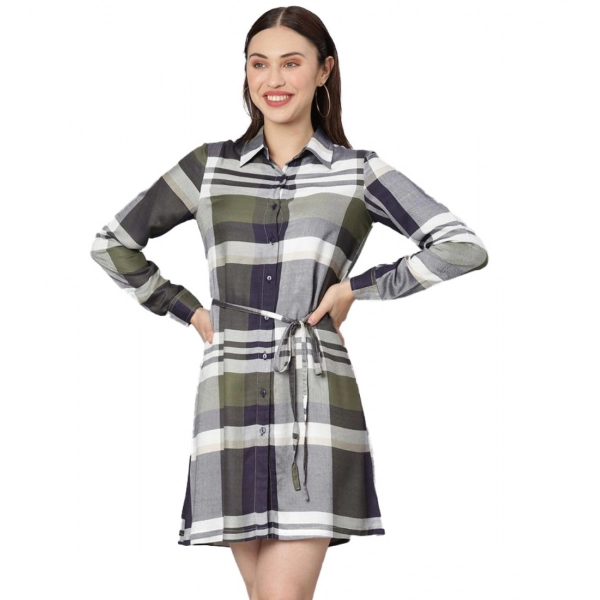 Dropship Women's Cotton Checkered Long Sleeves Above Knee Dress (Olive - White)