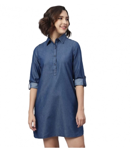 Women's Denim Solid Long Sleeves Above Knee Dress (Navy Blue)