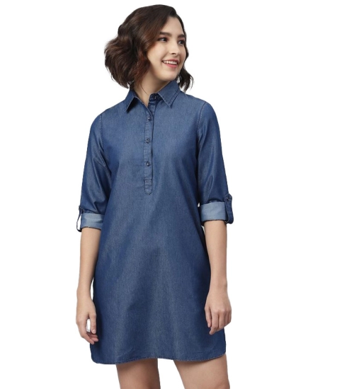 Women's Denim Solid Long Sleeves Above Knee Dress (Navy Blue)