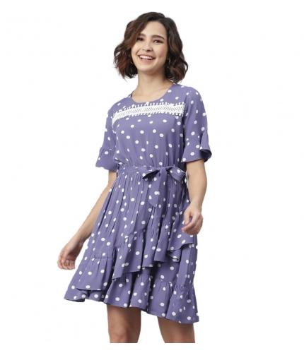 Women's Polyester Polka Bell Sleeve Above Knee Dress (Lavender)