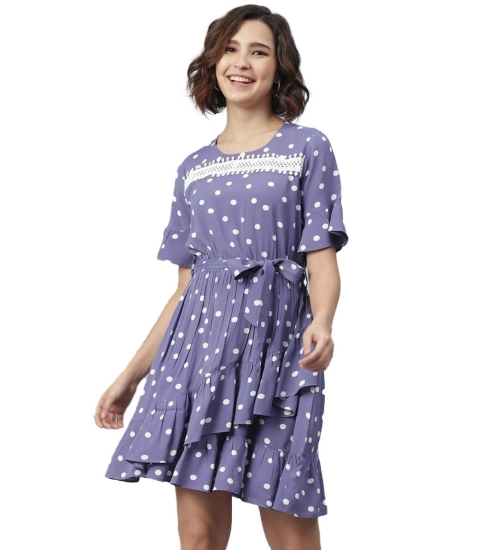 Women's Polyester Polka Bell Sleeve Above Knee Dress (Lavender)