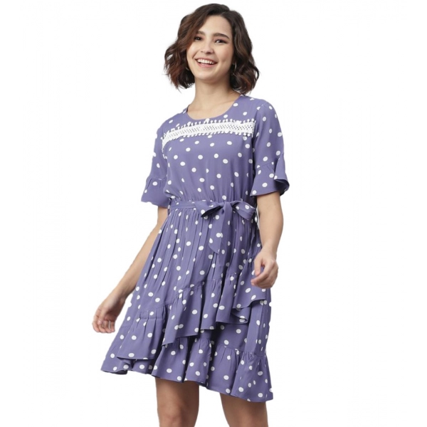 Dropship Women's Polyester Polka Bell Sleeve Above Knee Dress (Lavender)