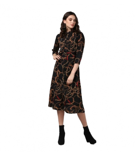 Women's Polyester Chain Print Roll Up Sleeve Below Knee Dress (Black - Yellow)