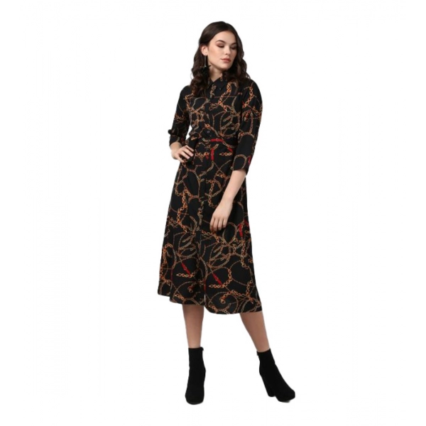 Dropship Women's Polyester Chain Print Roll Up Sleeve Below Knee Dress (Black - Yellow)