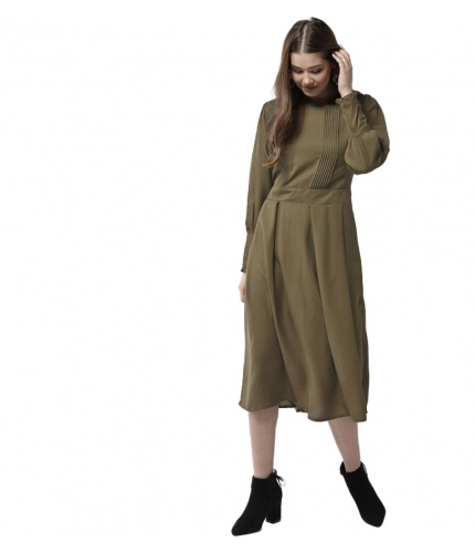 Women's Polyester Pintuck Long Sleeves Below Knee Dress (Olive)