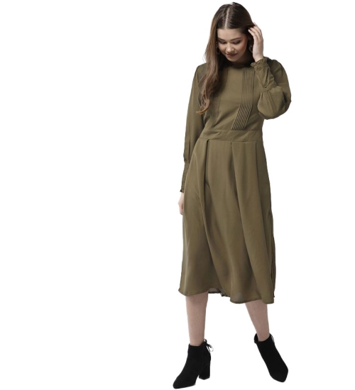 Women's Polyester Pintuck Long Sleeves Below Knee Dress (Olive)