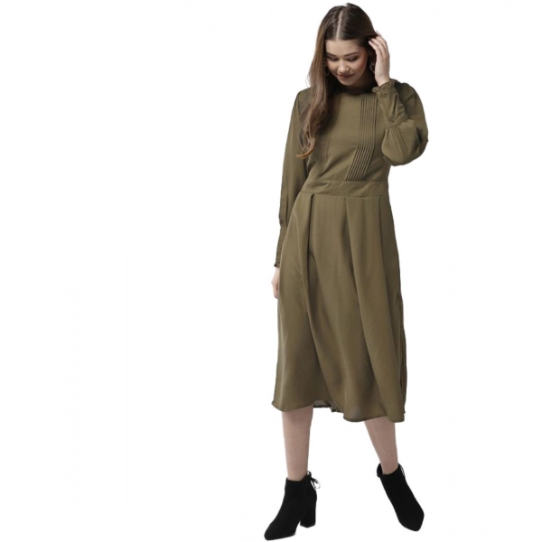 Dropship Women's Polyester Pintuck Long Sleeves Below Knee Dress (Olive)