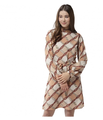 Women's Polyester Checkered Long Sleeves Above Knee Dress (Off White - Brown)