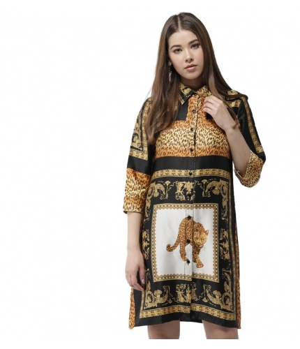 Women's Satin Animal Print 3-4th Sleeves Above Knee Dress (White - Orange)