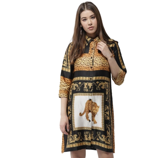 Women's Satin Animal Print 3-4th Sleeves Above Knee Dress (White - Orange)