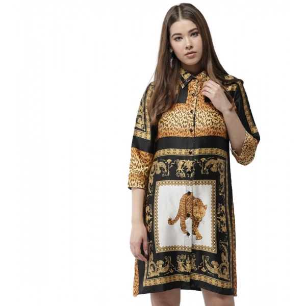 Dropship Women's Satin Animal Print 3-4th Sleeves Above Knee Dress (White - Orange)