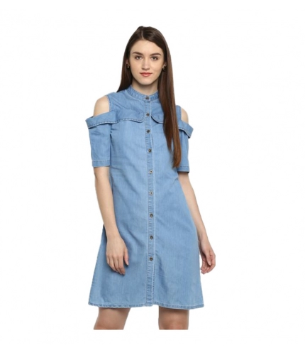 Women's Denim Solid Cold Shoulder Above Knee Dress (Blue)