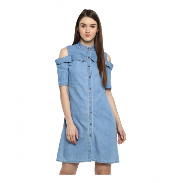 Dropship Women's Denim Solid Cold Shoulder Above Knee Dress (Blue)
