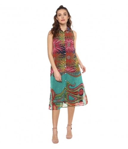 Women's Polyester Floral Sleeveless Below Knee Dress (Multicolor)