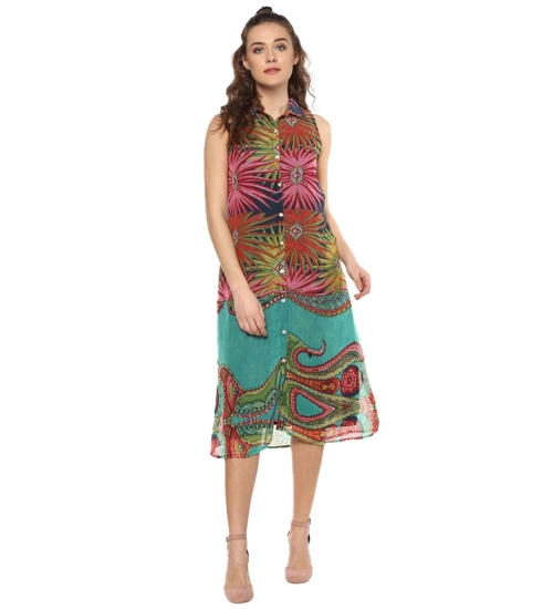 Women's Polyester Floral Sleeveless Below Knee Dress (Multicolor)
