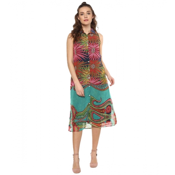 Dropship Women's Polyester Floral Sleeveless Below Knee Dress (Multicolor)