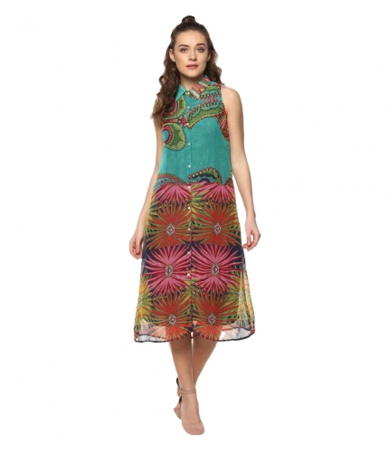 Women's Polyester Floral Sleeveless Below Knee Dress (Multicolor)
