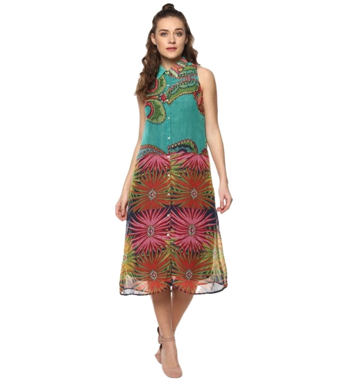Women's Polyester Floral Sleeveless Below Knee Dress (Multicolor)