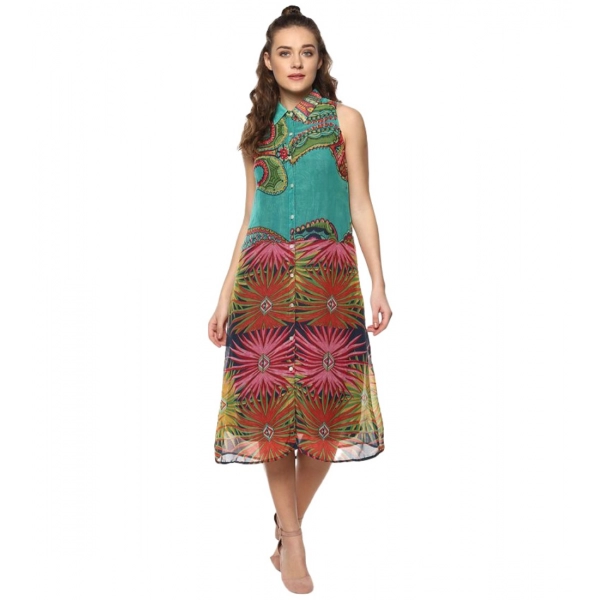 Dropship Women's Polyester Floral Sleeveless Below Knee Dress (Multicolor)