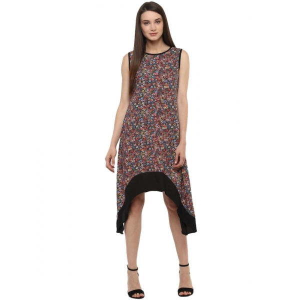 Dropship Women's Polyester Printed Sleeveless Knee-Length Dress (Multicolor)