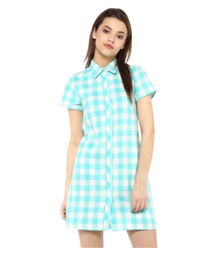Women's Rayon Checkered Short Sleeve Above Knee Dress (SkuBlue - White)