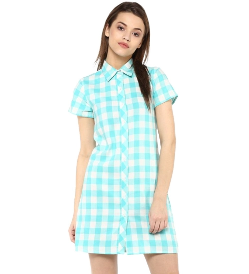 Women's Rayon Checkered Short Sleeve Above Knee Dress (SkuBlue - White)