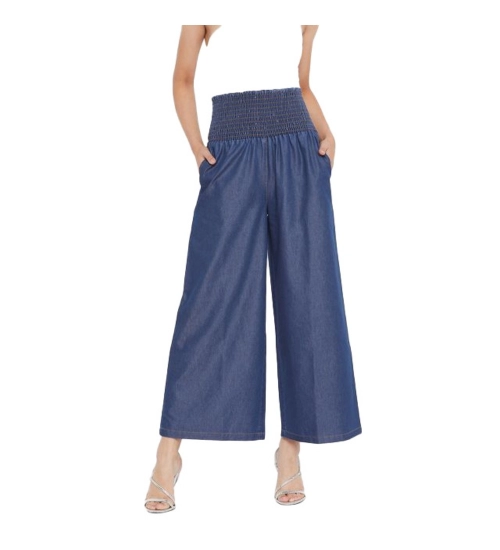 Women's Denim Solid Smocked Trousers (Navy Blue)