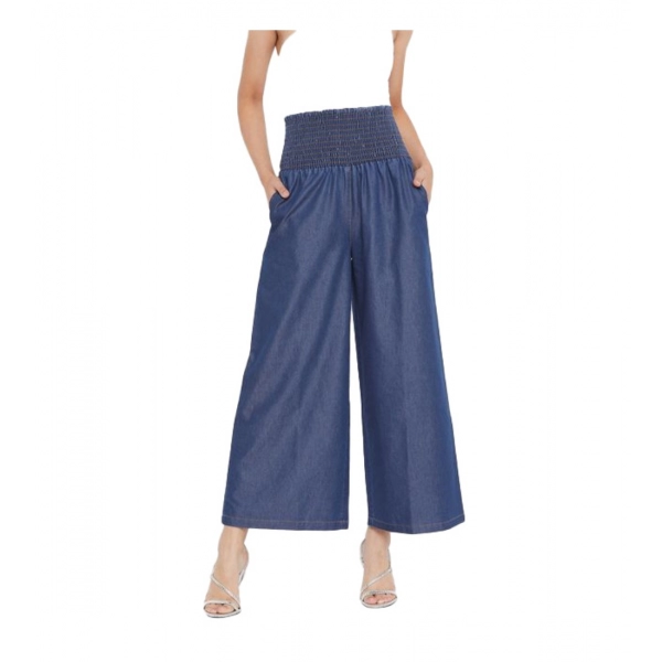 Dropship Women's Denim Solid Smocked Trousers (Navy Blue)
