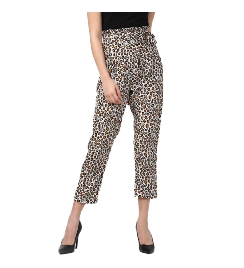 Women's Polyester Animal Print Elasticated Trousers (White - Yellow)