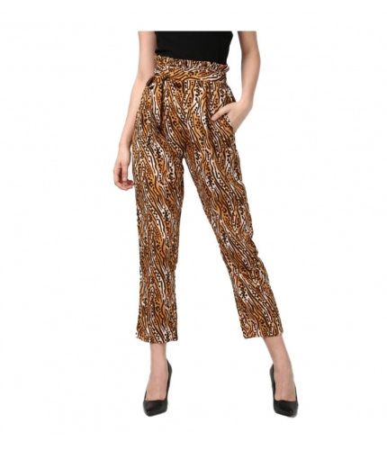 Women's Polyester Animal Print Elasticated Trousers (Orange - Black)
