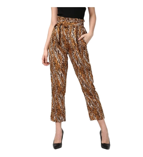 Women's Polyester Animal Print Elasticated Trousers (Orange - Black)