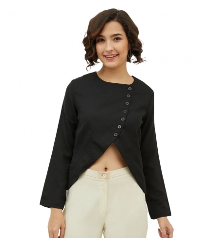 Women's Polyester Asymmetrical Long Sleeves Top (Black)