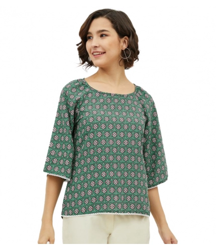 Women's Polyester Printed 3-4th Sleeves Top (Green)