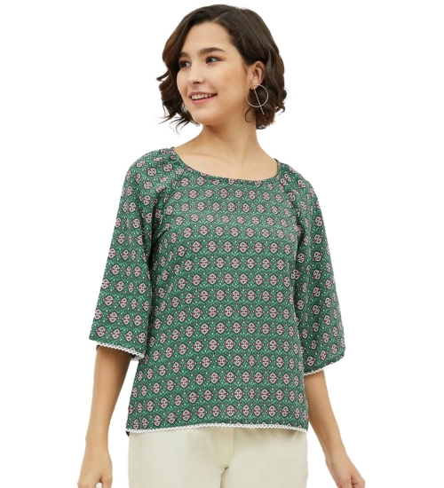 Women's Polyester Printed 3-4th Sleeves Top (Green)