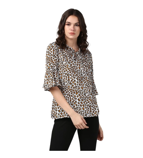 Women's Polyester Animal Print Bell Sleeve Top (Orange - Black)
