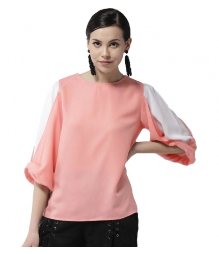 Women's Polyester Colour Block Slit Sleeve Top (Pink)