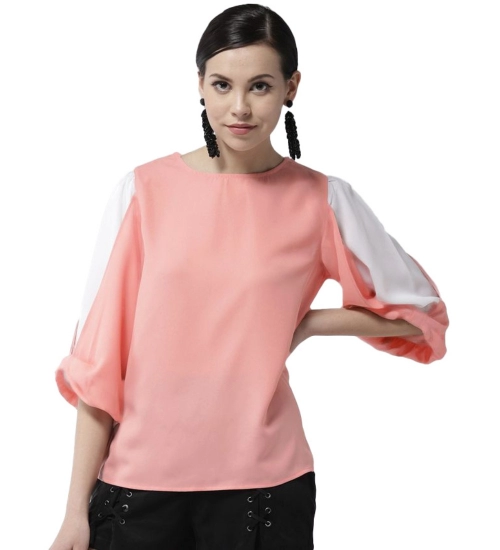 Women's Polyester Colour Block Slit Sleeve Top (Pink)