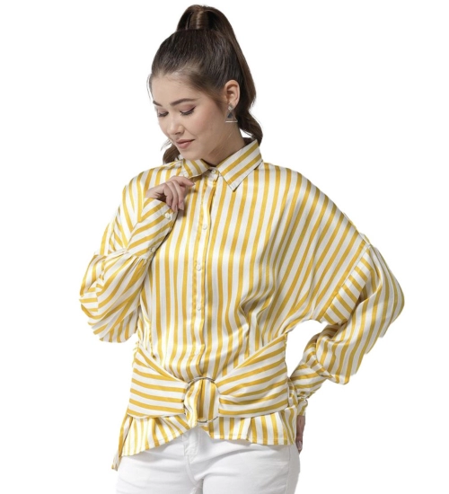 Women's Polyester Striped Long Sleeves Top (Yellow)
