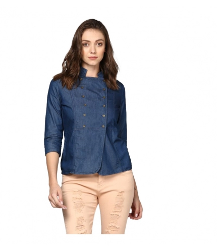 Women's Denim Solid 3-4th Sleeves Top (Blue)