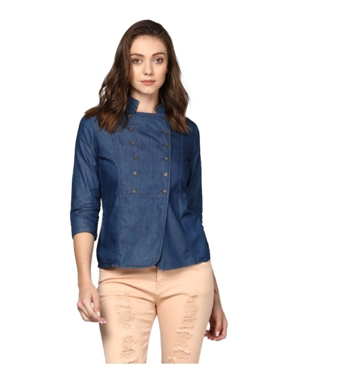 Women's Denim Solid 3-4th Sleeves Top (Blue)