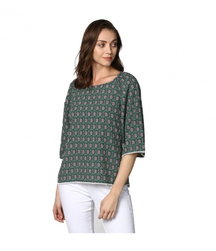 Women's Polyester Printed 3-4th Sleeves Top (Green)