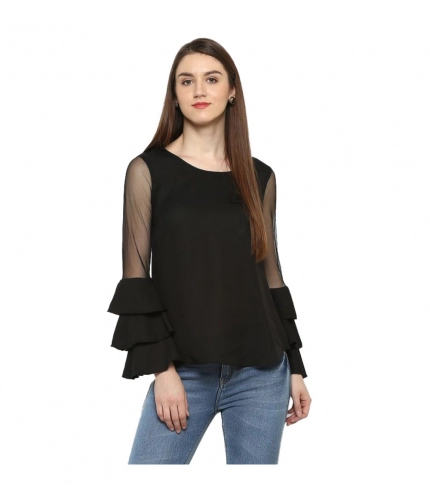 Women's Polyester Solid Tier Sleeve Top (Black)