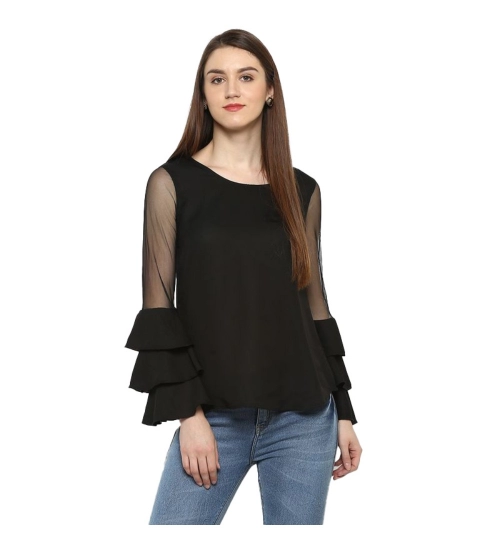 Women's Polyester Solid Tier Sleeve Top (Black)