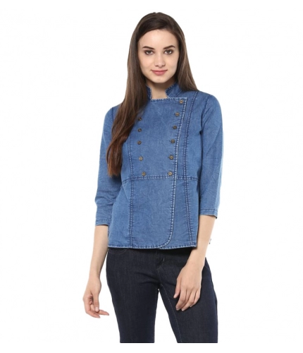 Women's Denim Solid 3-4th Sleeves Regular Top (Blue)