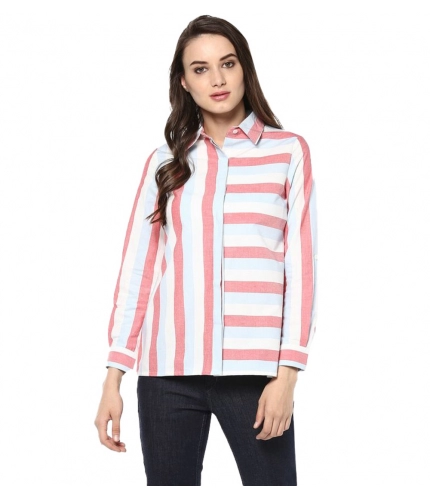 Women's Cotton Striped Roll Up Sleeve Regular Top (Red)