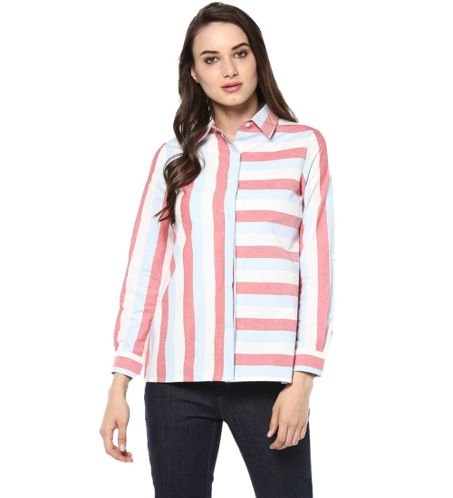 Women's Cotton Striped Roll Up Sleeve Regular Top (Red)