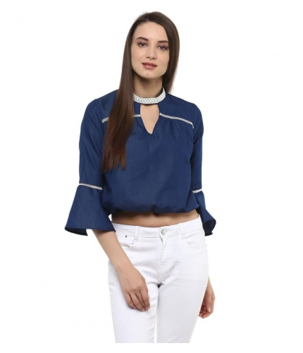 Women's Polyester Solid Bell Sleeve Regular Top (Blue)